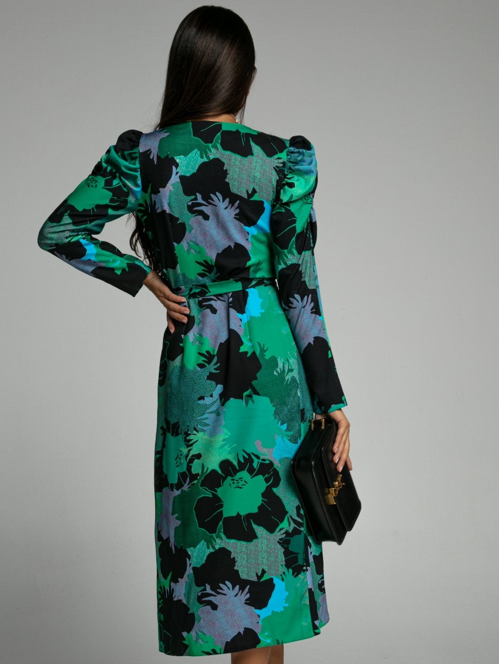 Emmie Green Floral Wrap Long Sleeve Midi Dress